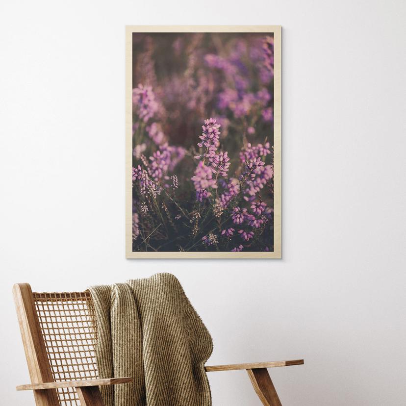 Houten Wanddecoratie paarse heidebloesem in warm licht - Annie