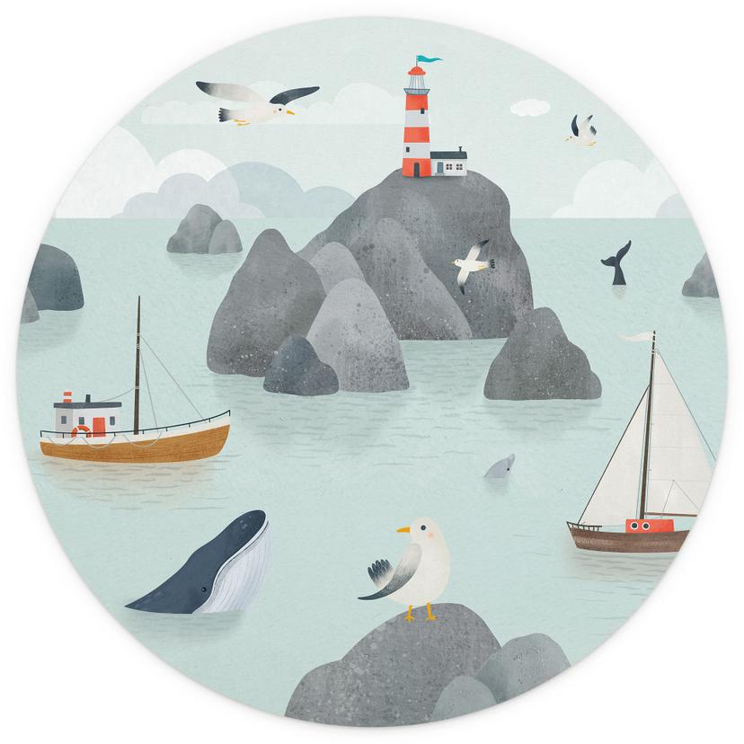 Fotomurale Rotondo per Bambini Motivo Costiero Marittimo con Faro - Oliver Robins