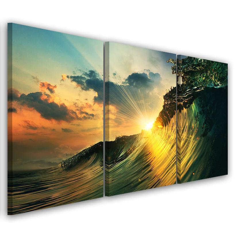 Lærredstryk 3 stykker, Waves Sky Sunset