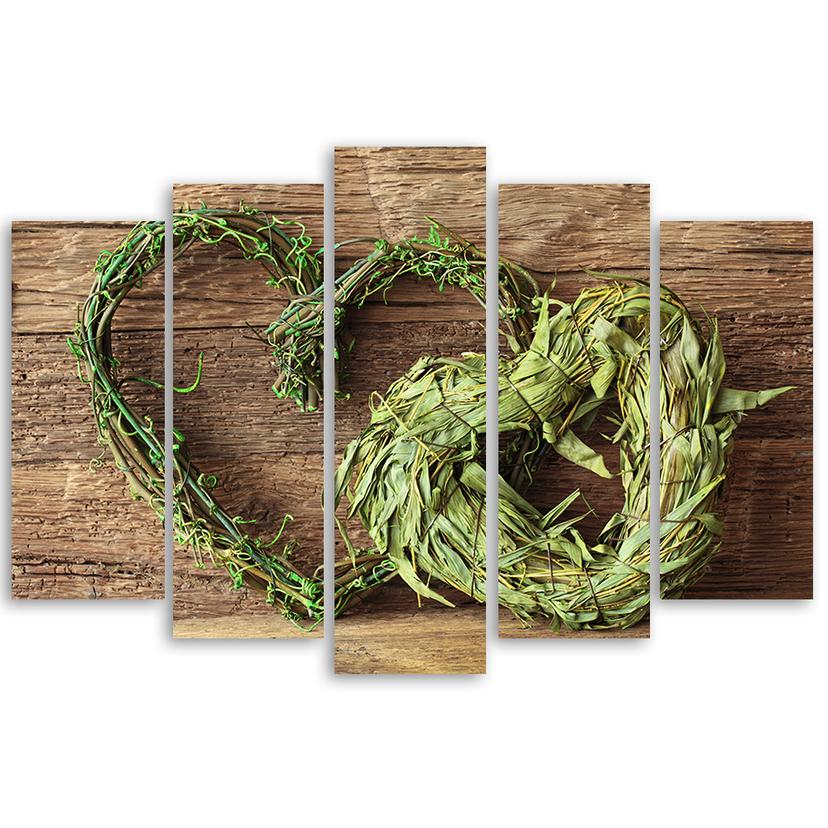 Stampa su tela 5 pezzi cuore legno erbe verde