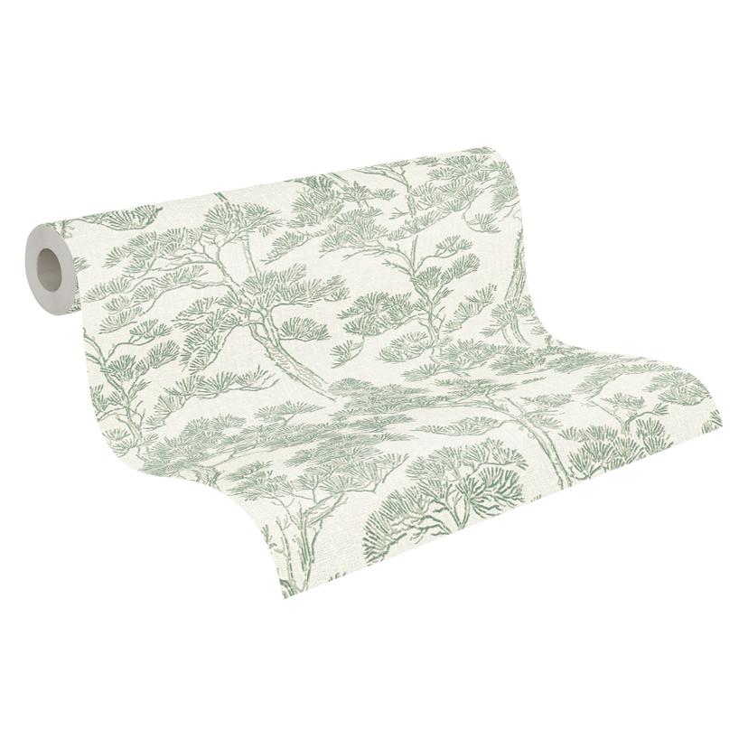 Papel pintado no tejido Lin Zen Branches verde blanco con ramas asiatico - arboles bosque papel pint