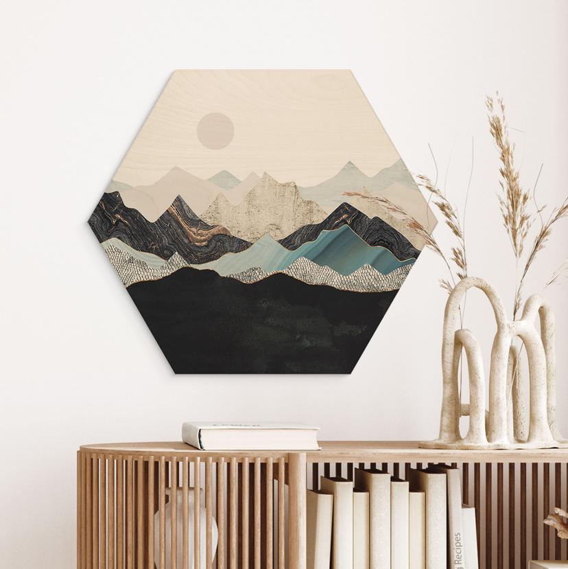 Esagono in legno Tranquillo paesaggio montano al crepuscolo - SpaceFrog Designs