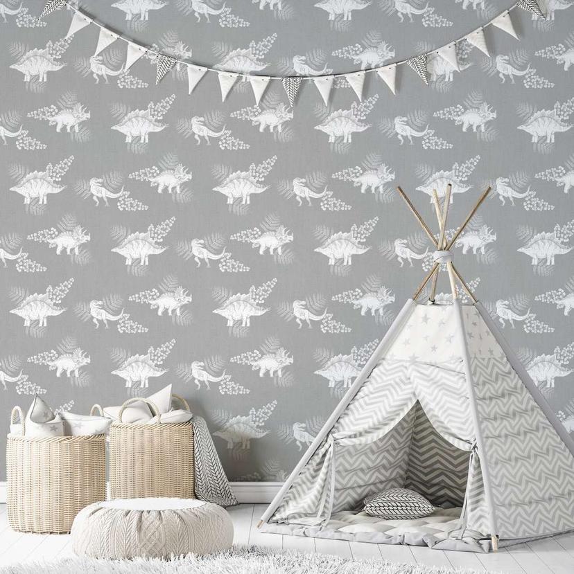 Børnetapet, non-woven tapet med illustration Kids Walls grå, hvid