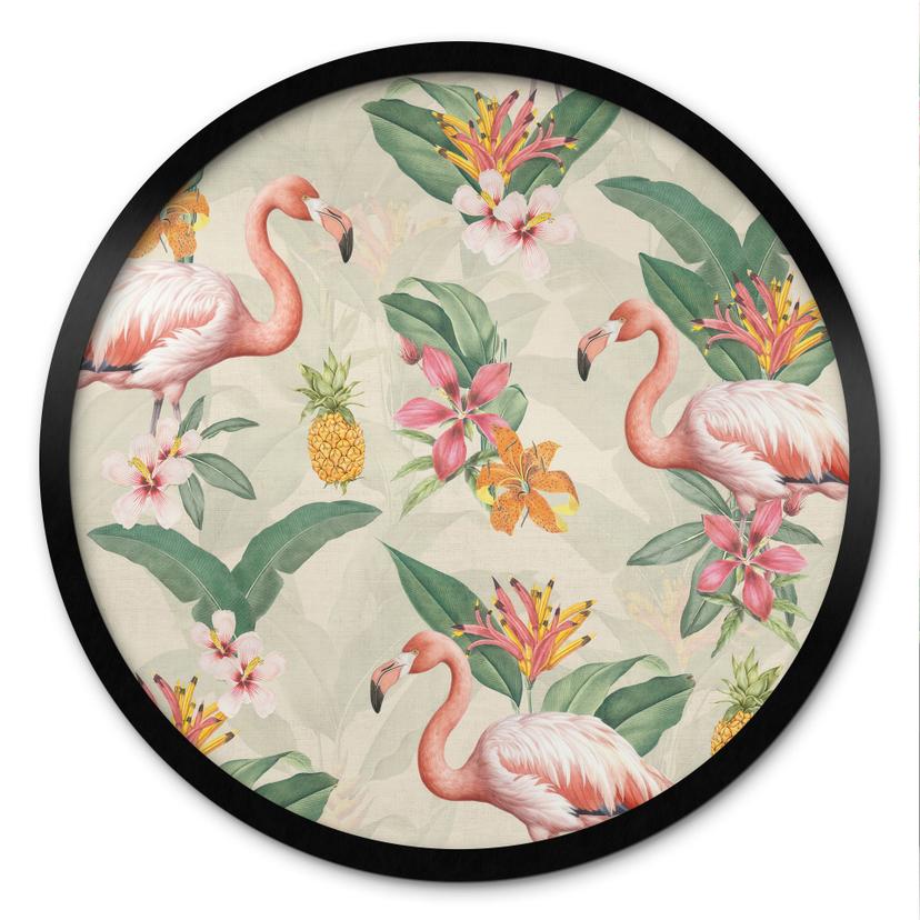 Póster de flamencos y hojas tropicales - Bloomery Decor - Redondo
