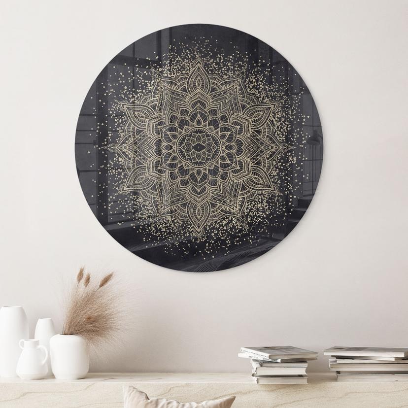 Glasschilderijen Elegante mandala in zwart en goud - Bloemdecor - Rond