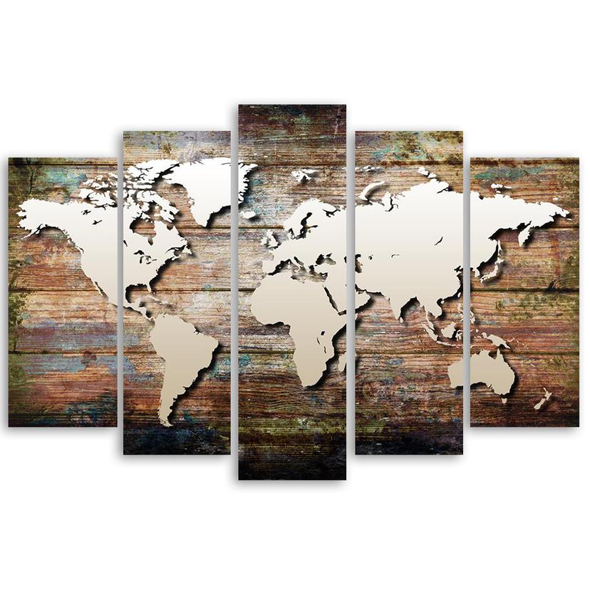 Stampa su tela 5 pezzi mappa del mondo marrone vintage