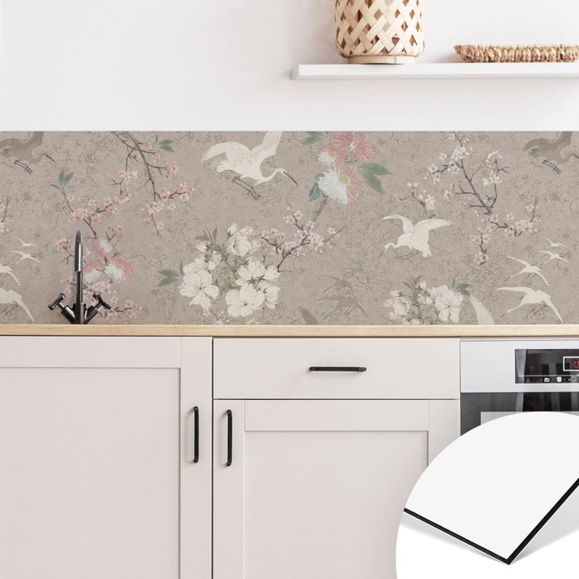 Stænkplade til køkken Kraner i kirsebærblomstervælde Beige - Bloomery Decor