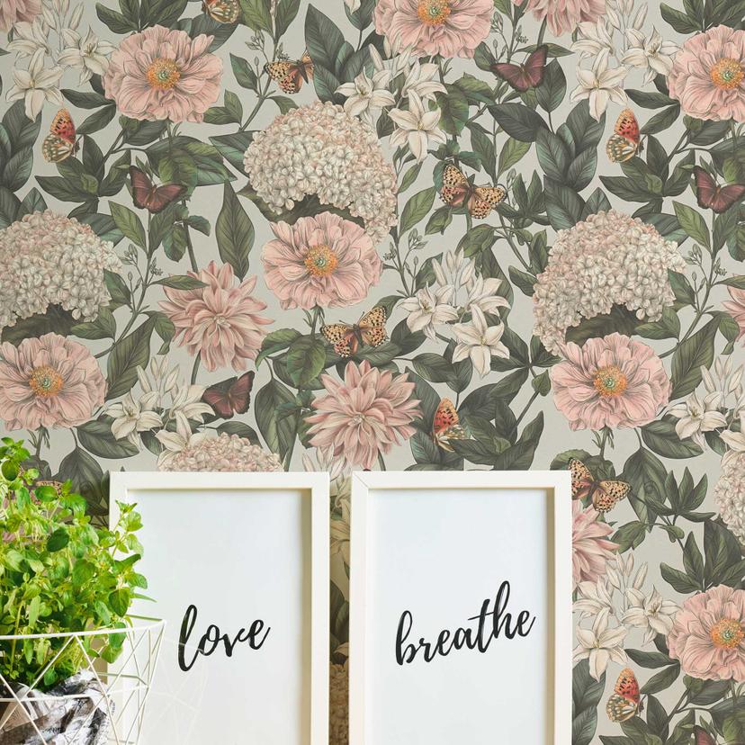 Papel pintado Floral con mariposas gris verde - Papel pintado no tejido con flores claras