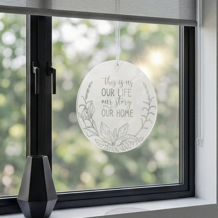 Akrylbillede, vinduesbillede til at hænge op This is us | Slogan-dekoration til stuen - rund