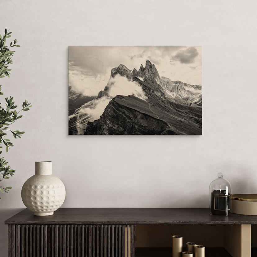 Stampa su legno Vista sulle Alpi - Paesaggio montano delle Dolomiti