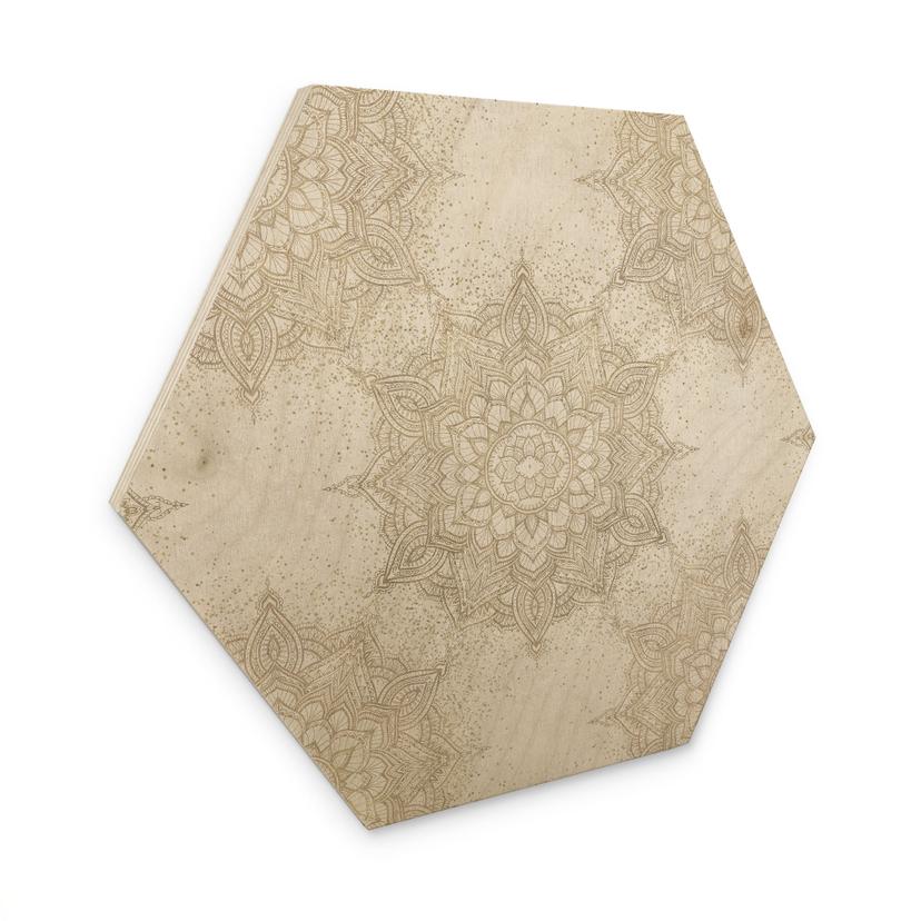 Sekskantet billede af træ Elegant Mandala i sandguld - Bloomery Decor
