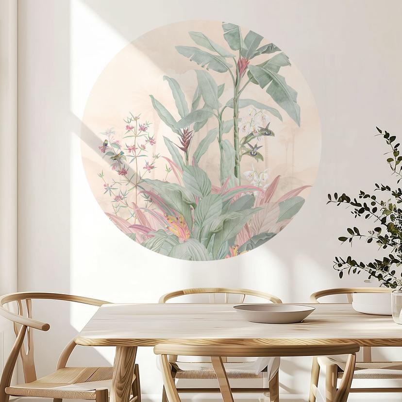 Vinilo decorativo de pared Idilio tropical con albaricoque colibrí - Bloomery Decor - Redondo