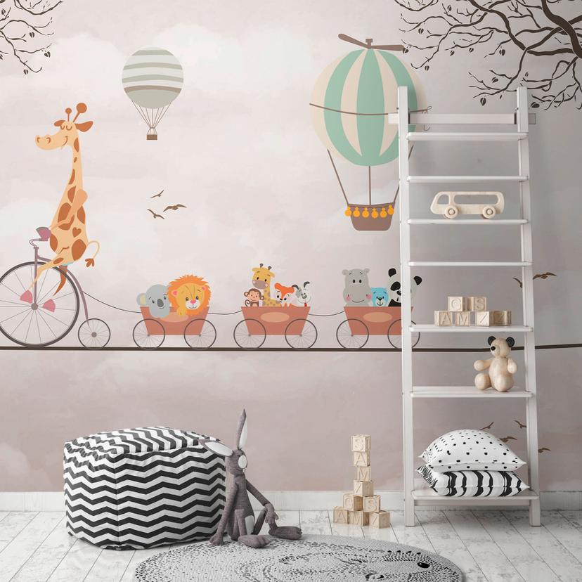 Dyr på et tog pink beige 3,75 x 2,50 m - Fototapet til børn med varmluftsballon