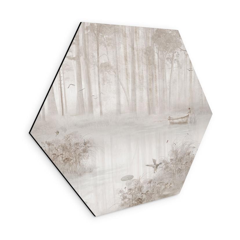 Wanddecoratie bos bij het meer in beige mist - Ms Tiff - Alu-Dibond