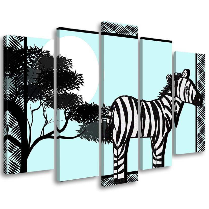 5 stykke lærredsprint, Zebra Safari blå