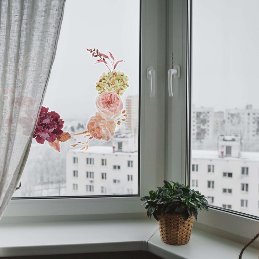 Cuadro de ventana: flores en una corona de otoño