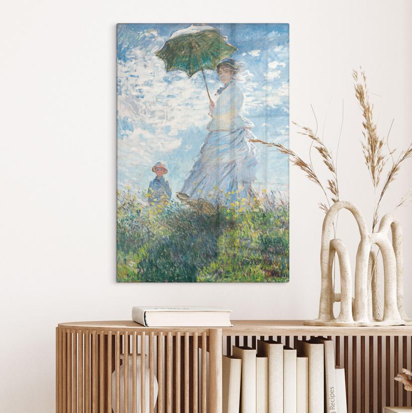 Stampa su vetro Monet - Donna con ombrellino - Madame Monet e suo figlio