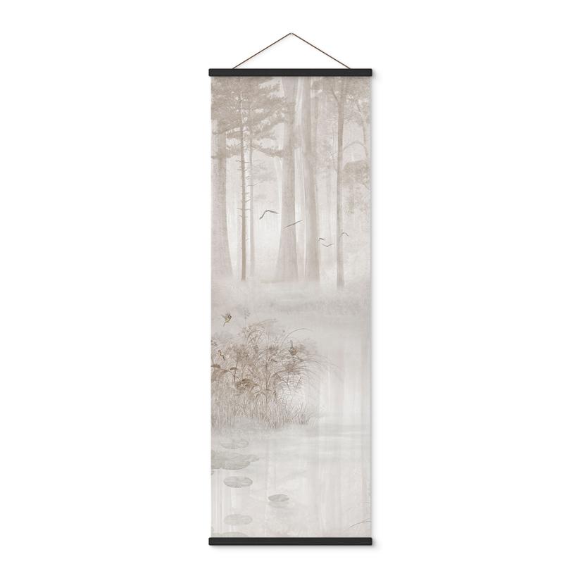 Textielposter Bos bij het meer in mist in beige - Ms Tiff - Panorama