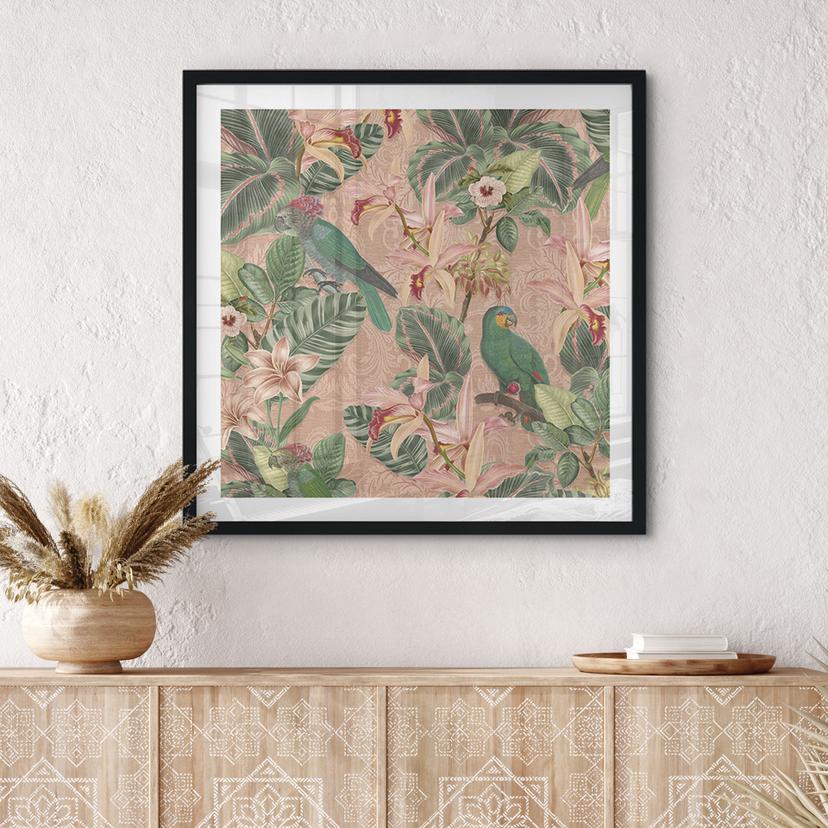 Poster botanico con pappagalli rosa - Decorazione floreale - Quadrato