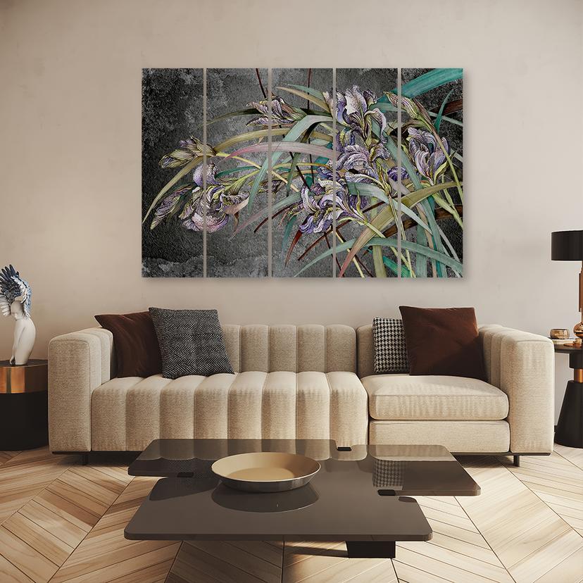 Stampa su tela 5 pezzi, fiori di iris nel vento