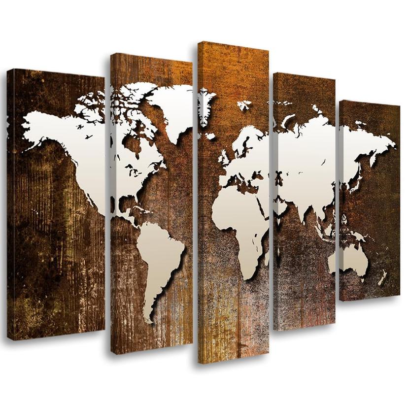 Tableau sur toile en 5 parties Carte du monde Vintage Shabby Chic
