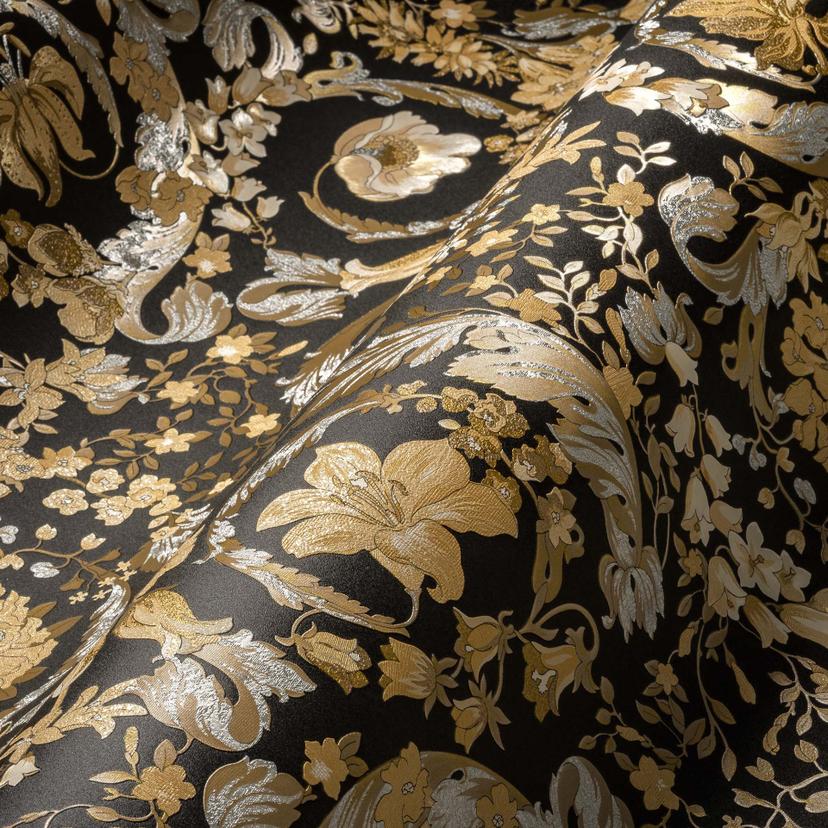 Carta da parati Versace con fiori in oro e nero Carta da parati non tessuta design floreale