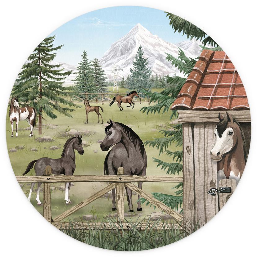 Fotomurale Rotondo per Bambini Recinto per Cavalli nel Parco Naturale - Oliver Robins