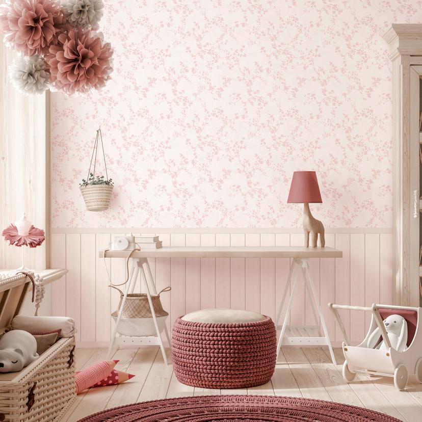Blomstermønster pink - vintage stil med træpanel - udvideligt Ikke-vævet tapet
