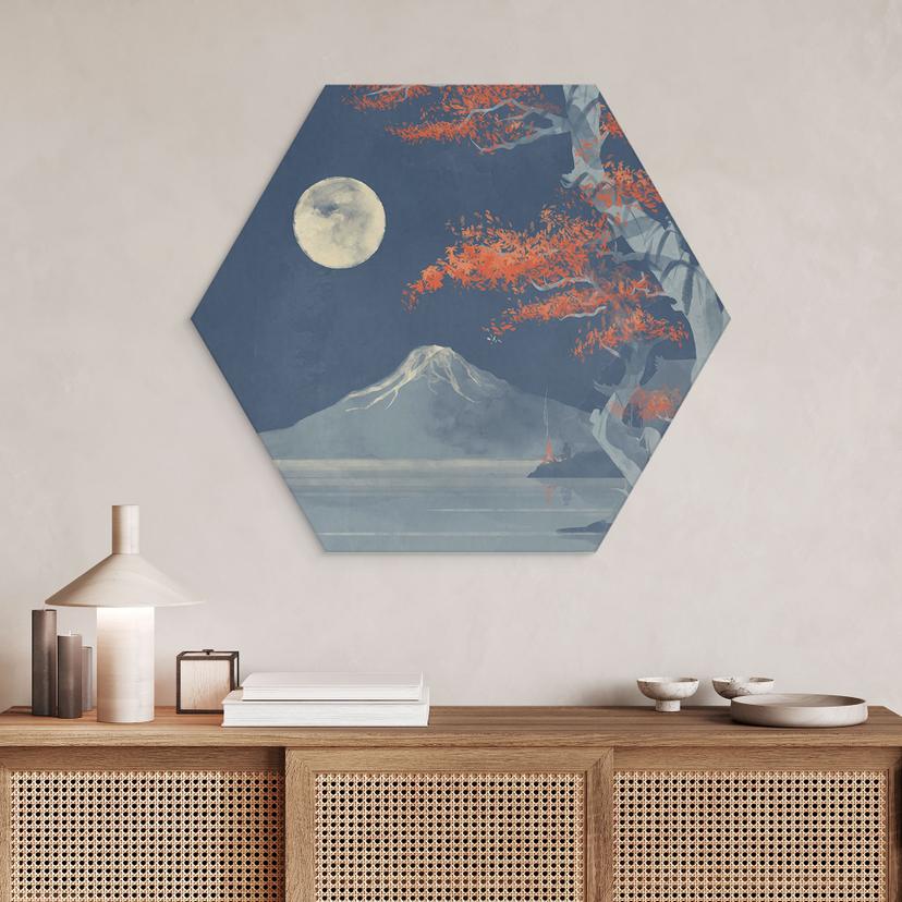 Stampe esagonali per pareti La luna piena sulla cima del Fuji-san - Roze - Alu-Dibond