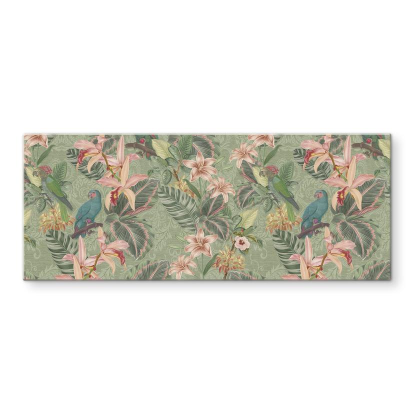 Pannello paraschizzi Jungle con pappagalli verdi - Bloomery Decor - Panorama