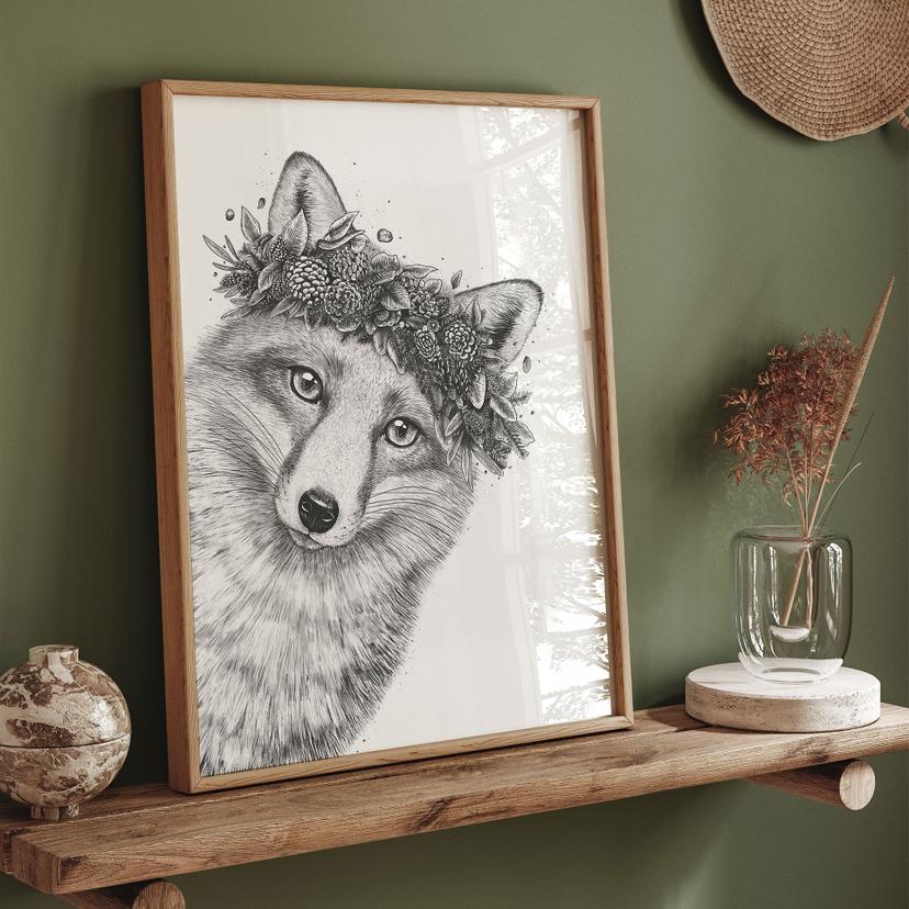 Poster Zwart-witte vos met bloemenkrans - Korenkova
