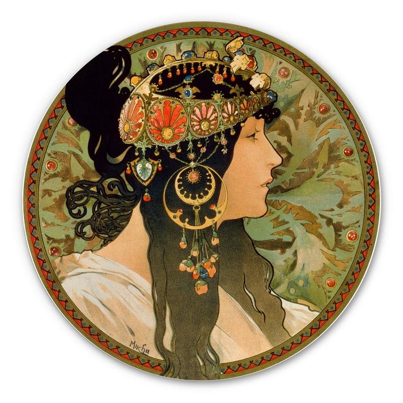 Tableau en Alu-Dibond Mucha - La brunette - Rond