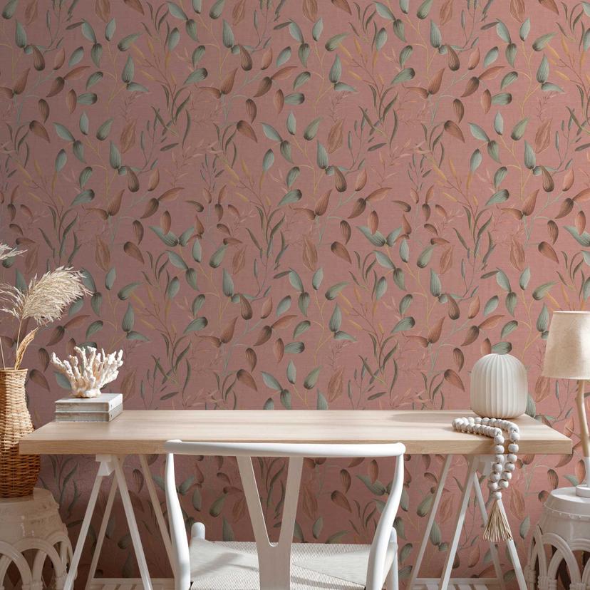 Blomstertapet blade akvarel - Ikke-vævet tapet i dusky pink grøn brun - plantetapet