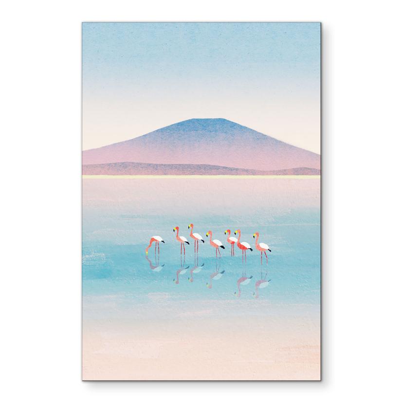 Wanddecoratie Pastelkleurig meer met flamingo's - Rivers - Alu-Dibond