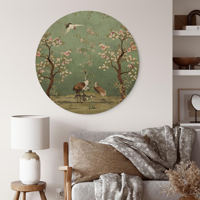 Stampa su legno di gru in un paesaggio floreale - Bloomery Decor - Rotondo