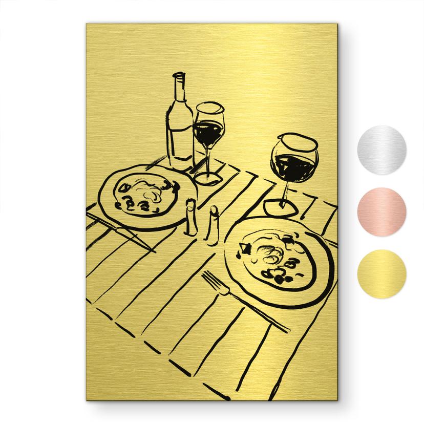 Geborsteld Alu-Dibond met goud-, zilver- & kopereffect - Stilleven diner met wijn - Treechild