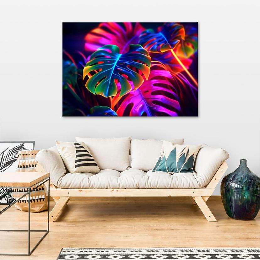 Stampa su tela, Foglie di Monstera in colori fluorescenti