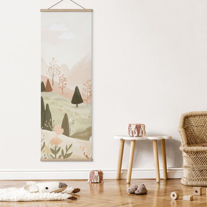 Stoffbild Pastell Berglandschaft mit Blumen - Treechild - Panorama