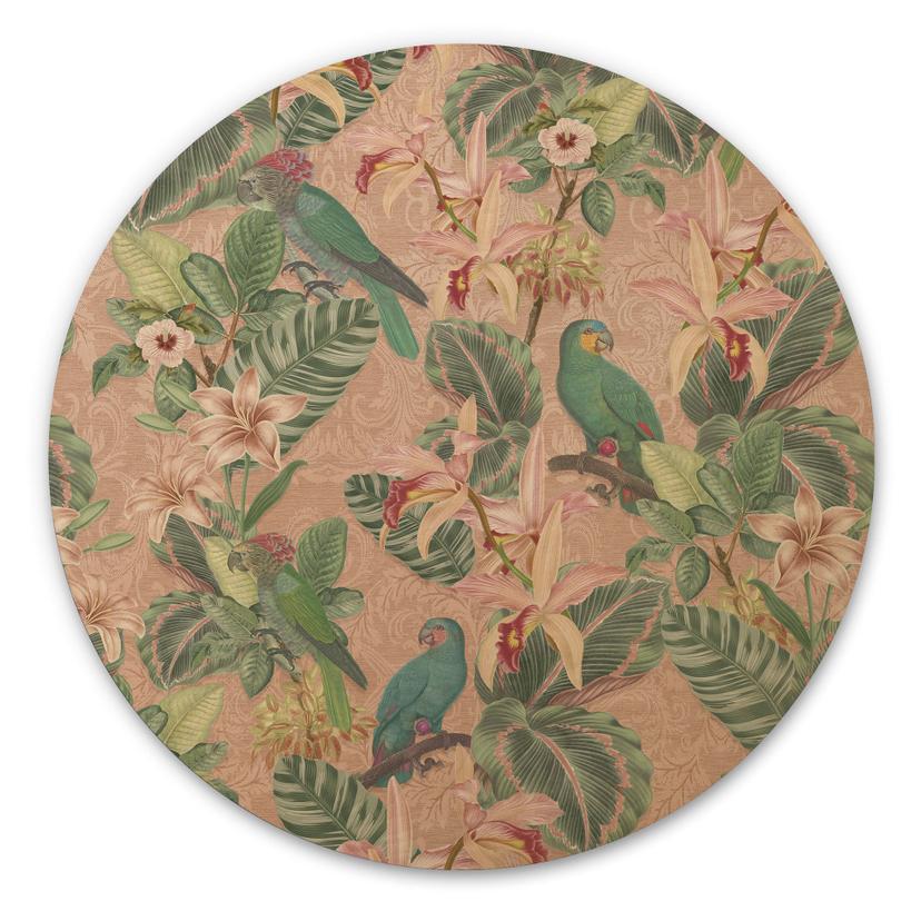 Billede af træ jungle med papegøjer pink - Bloomery Decor - Round