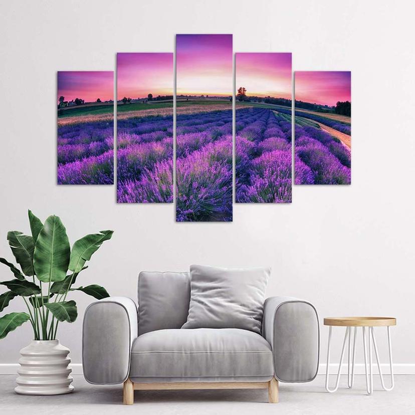 Stampa su tela 5 pezzi, campo viola lavanda
