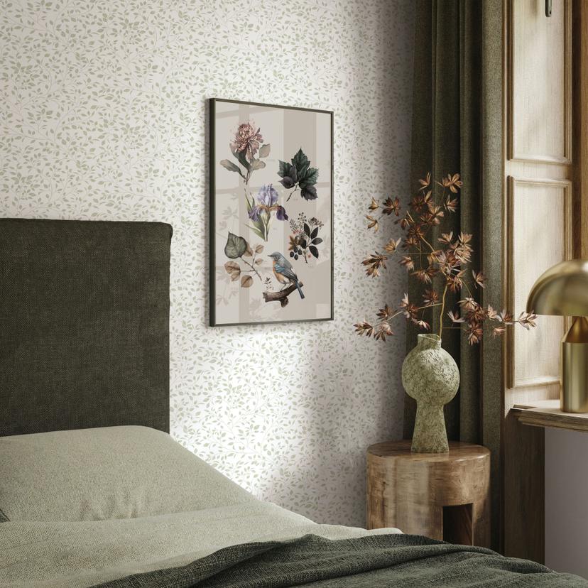 Papel pintado no tejido hojas naturaleza floral mate en blanco verde