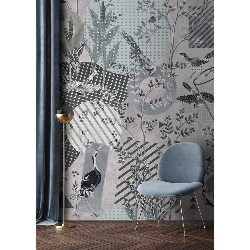 Fotomural Paredes de Patel 3 Bird`S Playground 1 gris, verde, negro