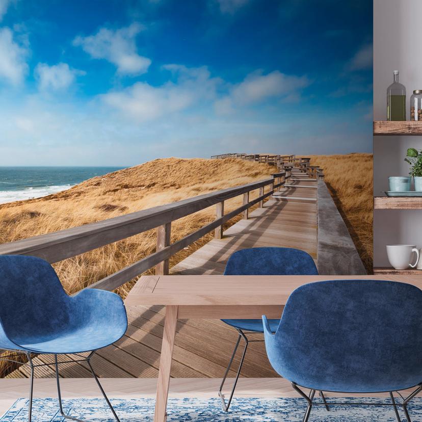 Papier peint plage ponton dunes bleu marron - Papier peint intissé 3,75 m x 2,50 m motif mer