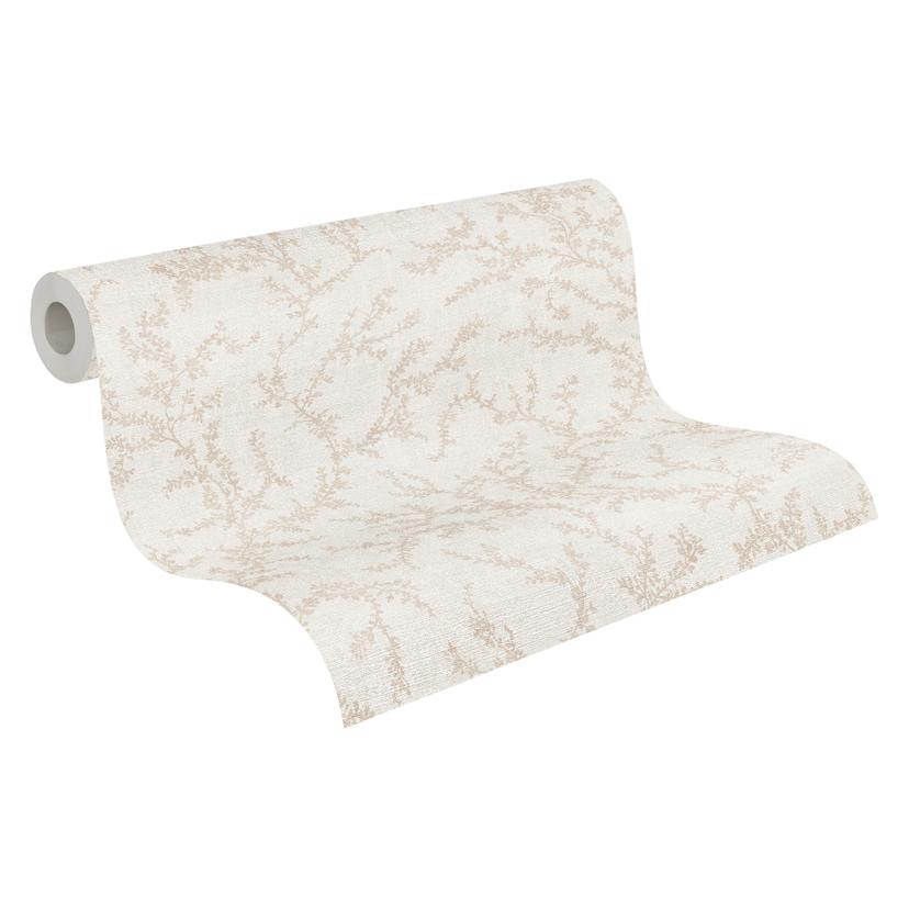 Blommig tapet med rankor kräm brun beige - Icke-vävd tapet mjukt strukturerad