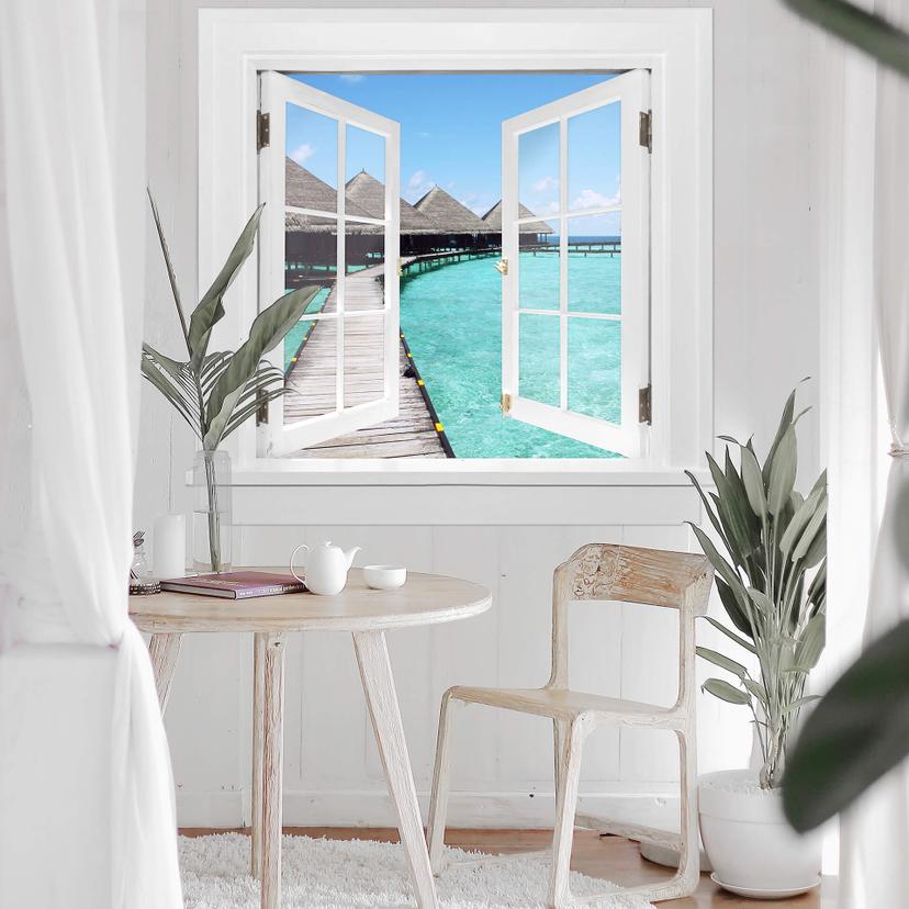 3D Wallsticker vindue firkantet - Strandhus Maldiverne