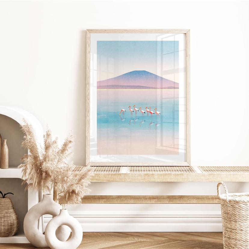 Poster Lago dai colori pastello con fenicotteri - Rivers