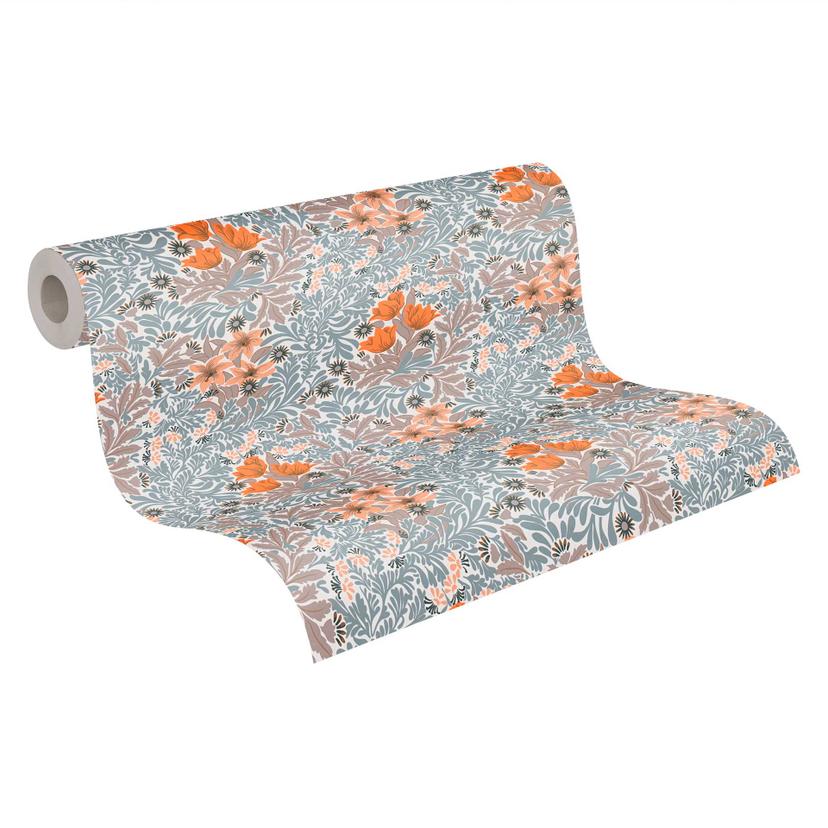 Florale Mustertapete Orange Grau - Tapete mit Blumen und Blättern