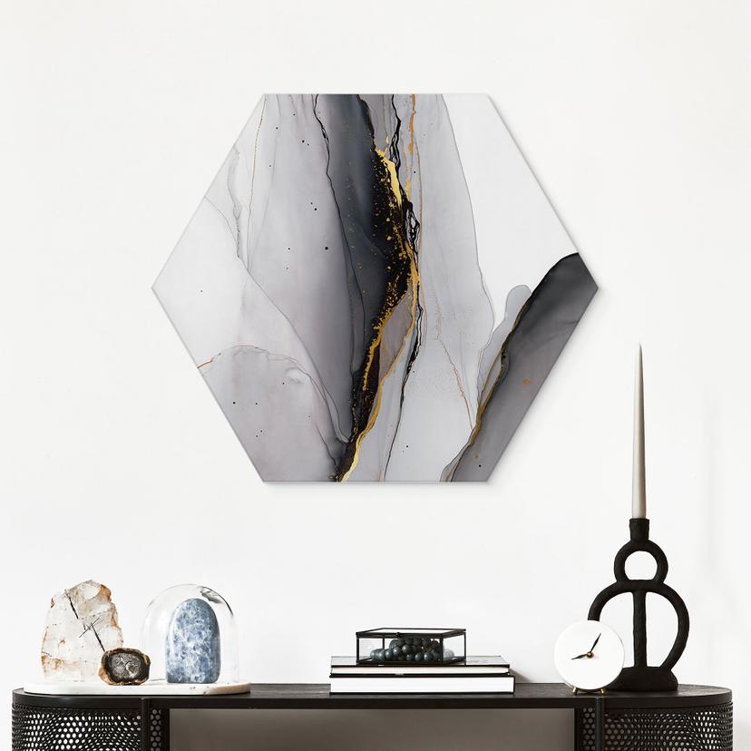 Hexagon Wandbild Abstrakte Komposition in Gold und Grau - Shelest - Alu-Dibond