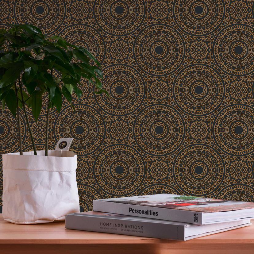 Papel pintado gráfico mandala oro negro - papel pintado estilo boho - papel pintado no tejido salón