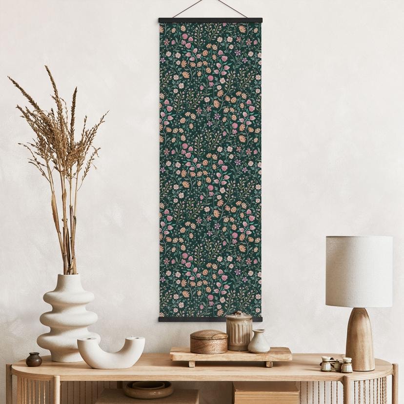 Stoffbild Wiesenblumen Vintage - Dunkelgrün - Bloomery Decor - Panorama